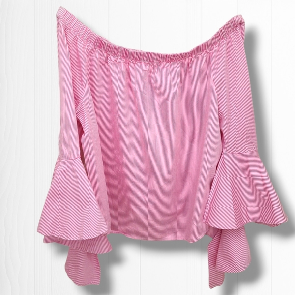 New York & Company Pink Pin Strip Stretch Off Shoulder Bell Sleeve Top Size M - Picture 3 of 7